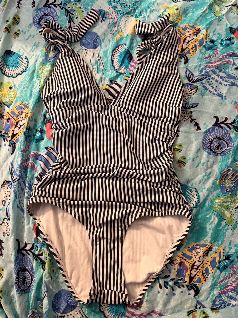Ellen Tracy White and Navy Striped One-Piece